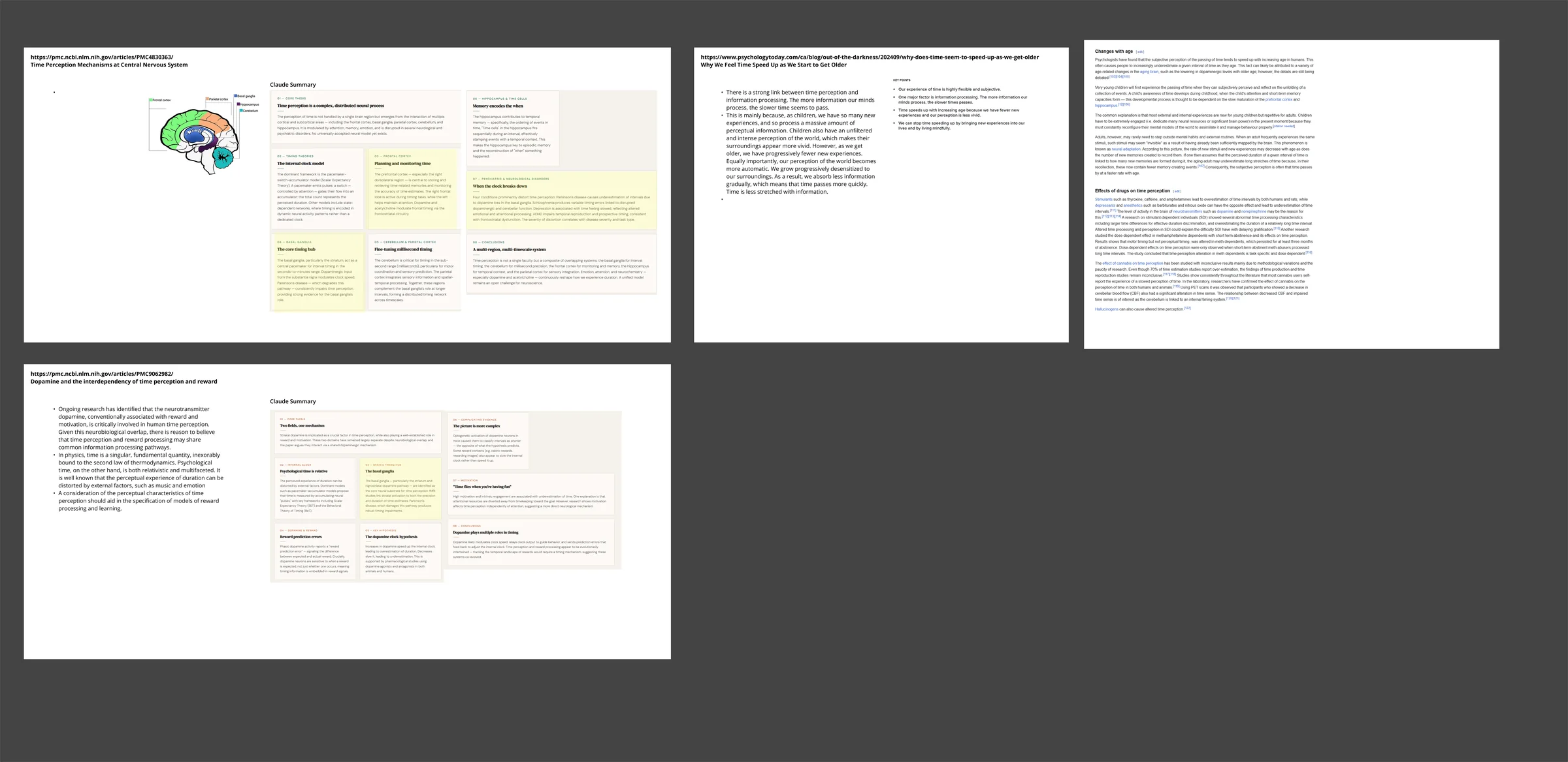 Research board with notes and summaries from papers on how the brain perceives time.