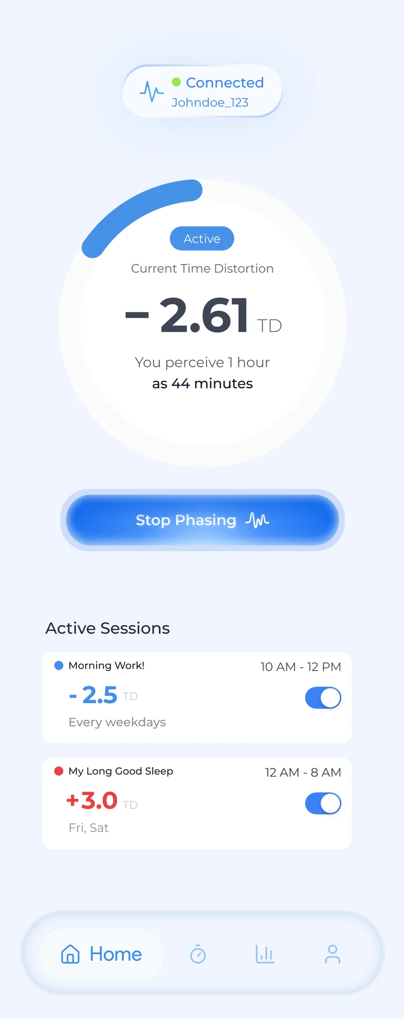 Home screen while phasing. The ring is marked Active and the button now reads Stop Phasing.