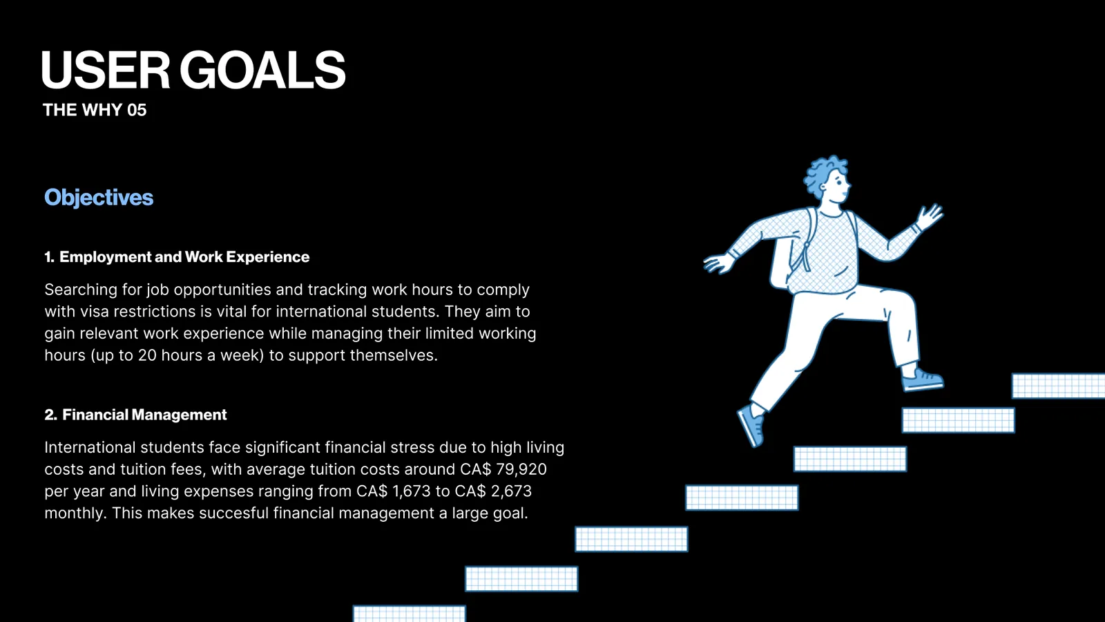 User goals slide: gain work experience within visa limits and manage money. An illustration of a student running up a flight of stairs.