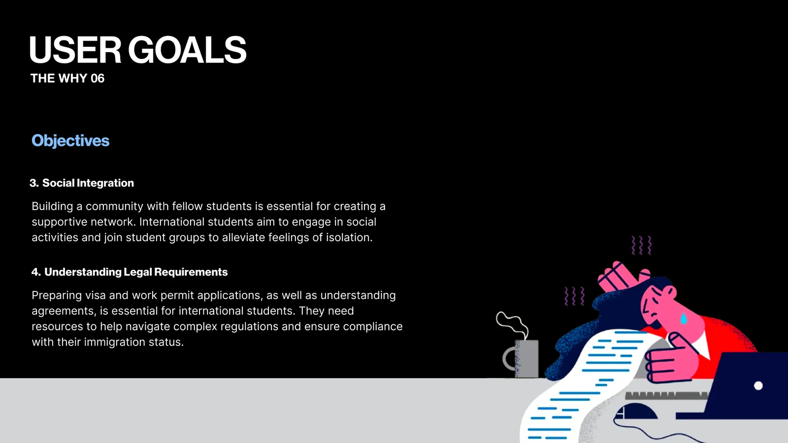User goals slide: build a social network and understand legal requirements. An illustration of a stressed student at a desk with a long document.