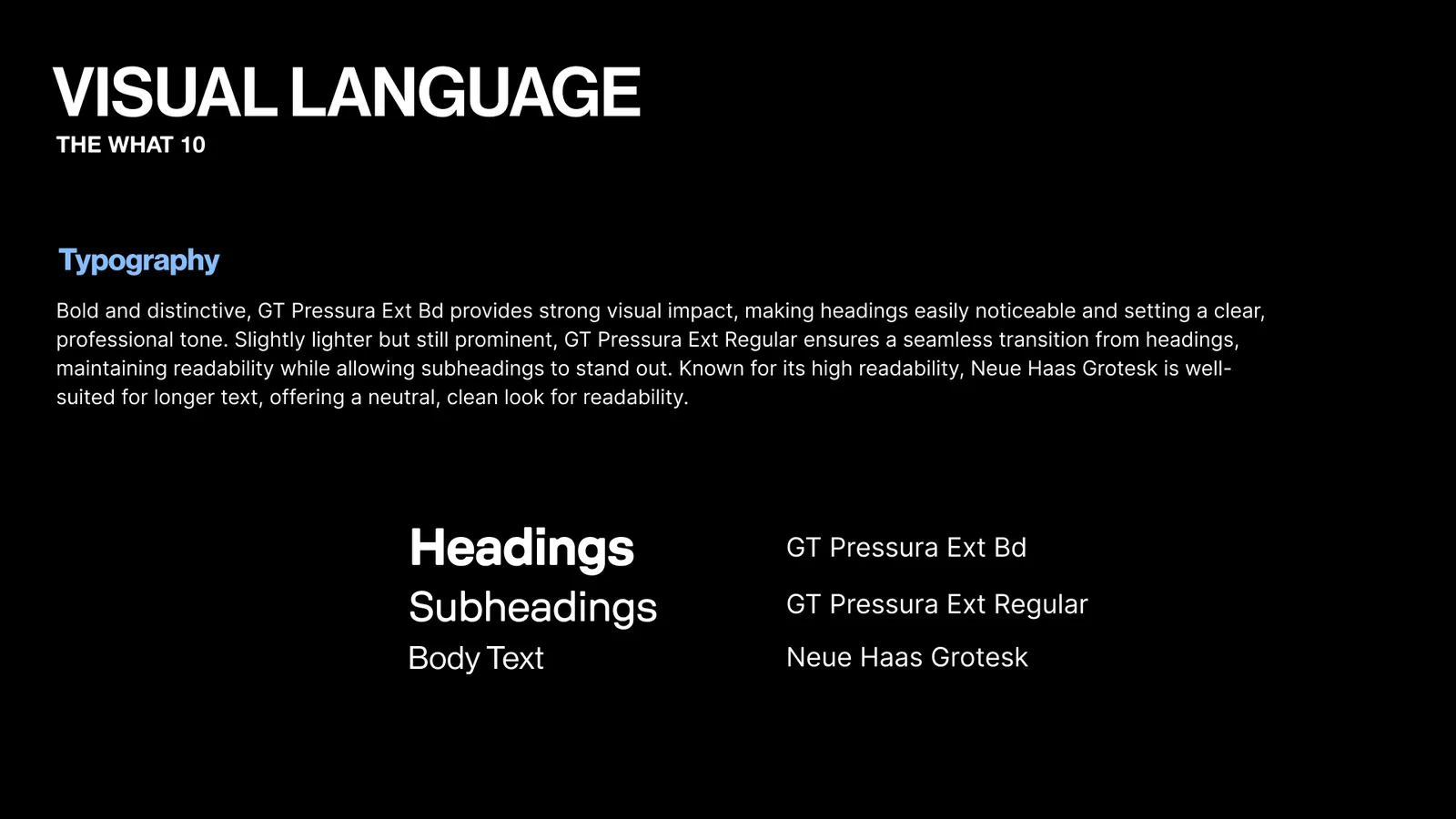 Visual language slide on typography. GT Pressura Ext Bold for headings, GT Pressura Ext Regular for subheadings and Neue Haas Grotesk for body text.