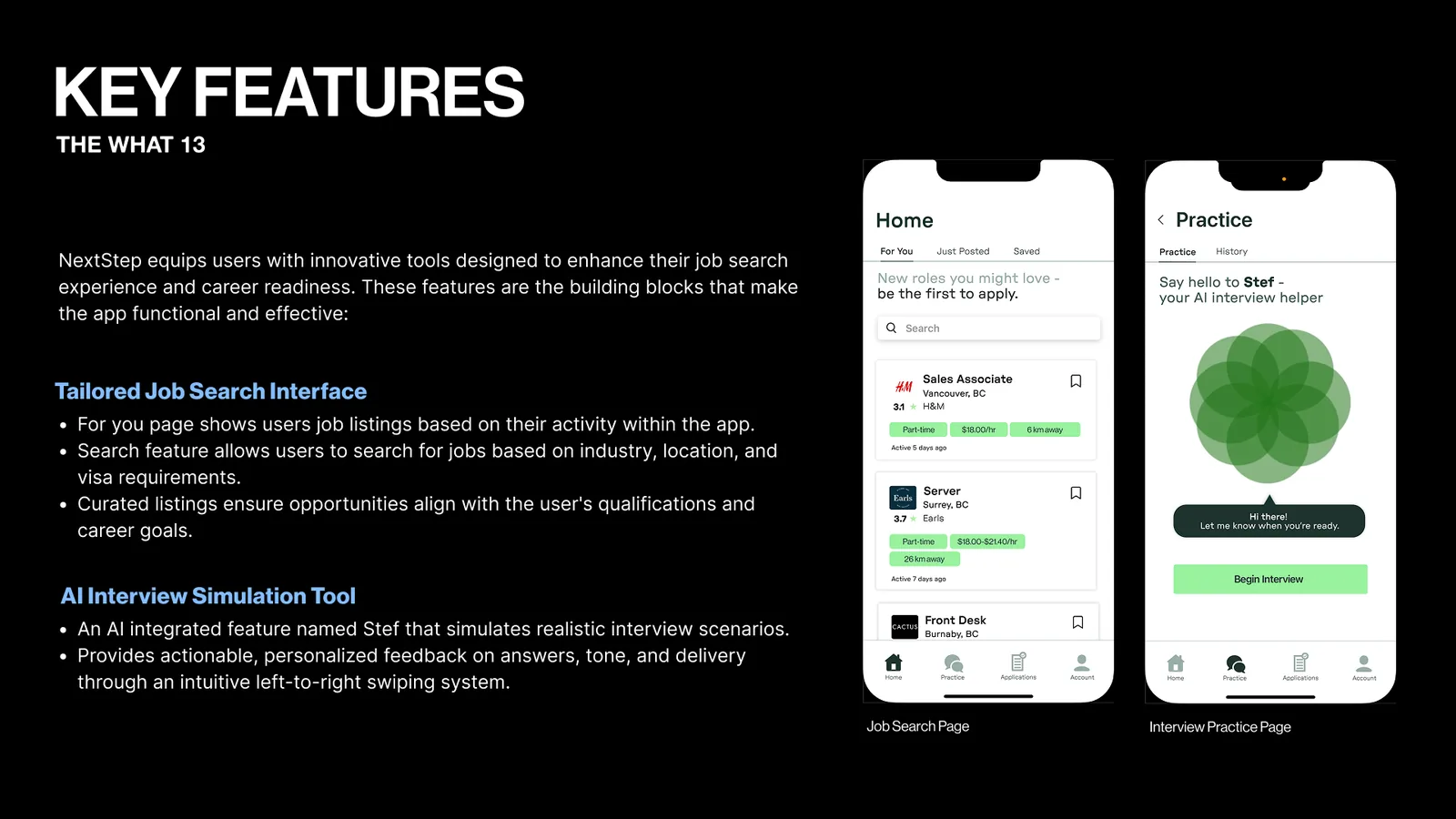 Key features slide on the tailored job search and the AI interview tool. Two phones show the Home job list and the Practice screen with Stef.