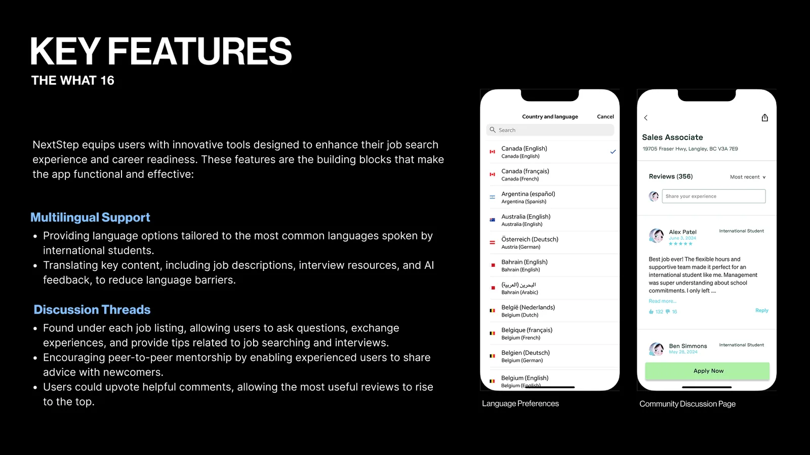 Key features slide on multilingual support and discussion threads. Two phones show a country and language list and the reviews on a job.