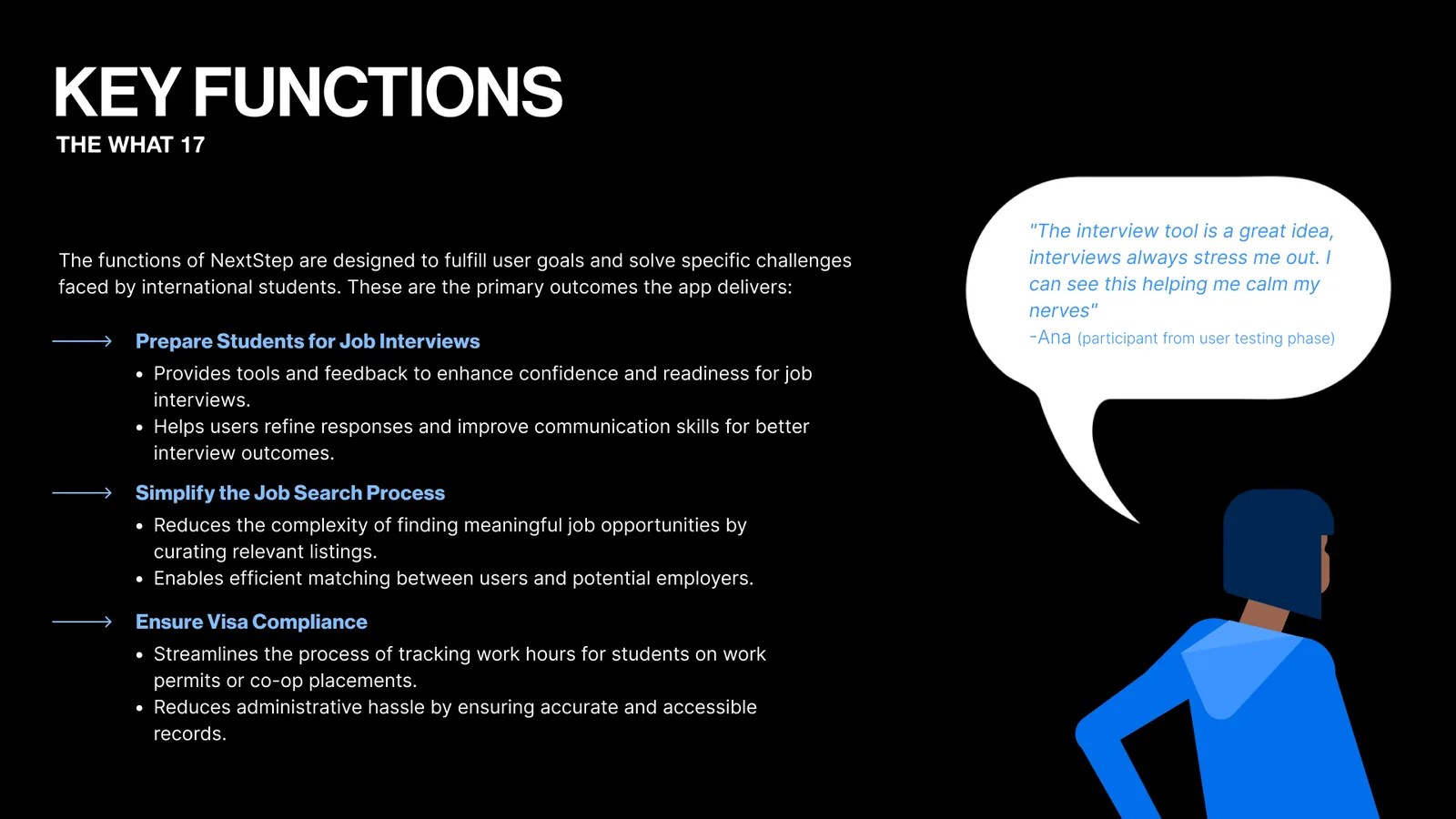 Key functions slide: prepare students for interviews, simplify the job search and keep them within their visa. A quote from a test participant says the interview tool would calm her nerves.