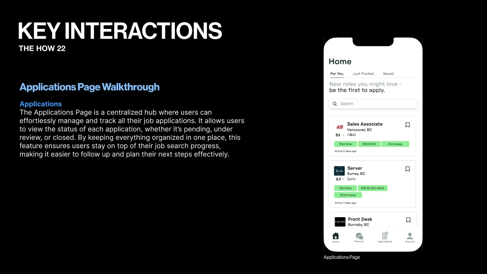 Key interactions slide on the Applications page, where users track each job they applied to. A phone shows the job list.