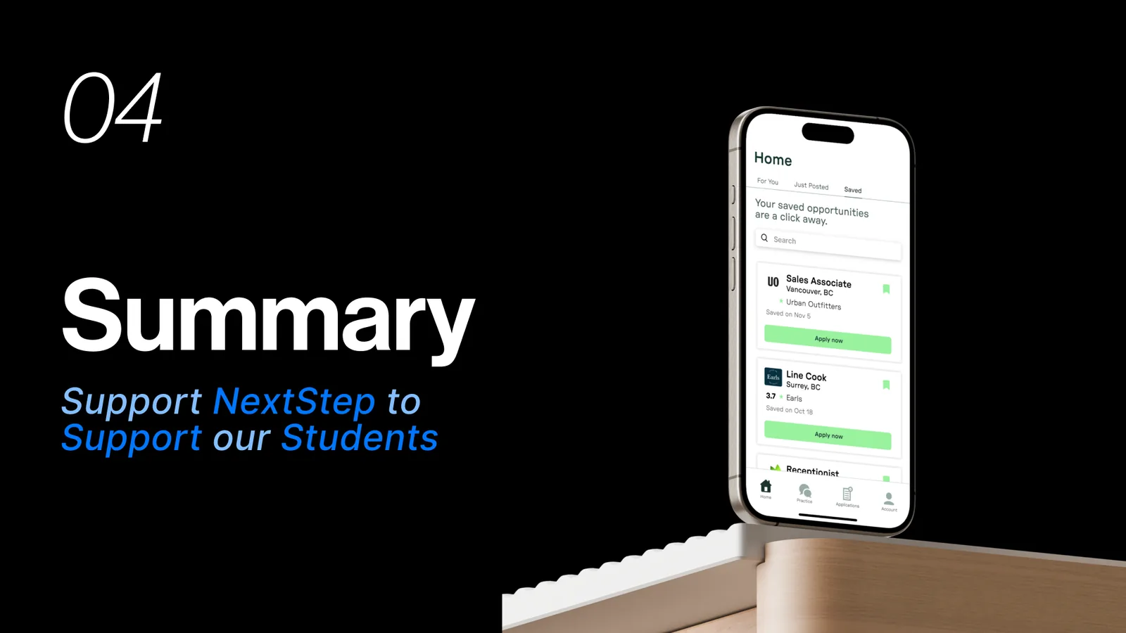 Section 04, Summary: support NextStep to support our students. A phone shows a list of saved jobs.