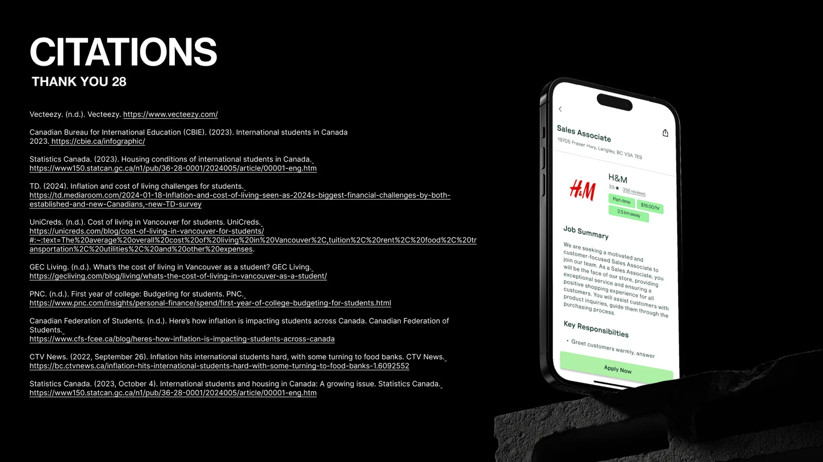 Citations slide listing our sources, including CBIE, Statistics Canada and TD. A phone shows an H&M job posting.