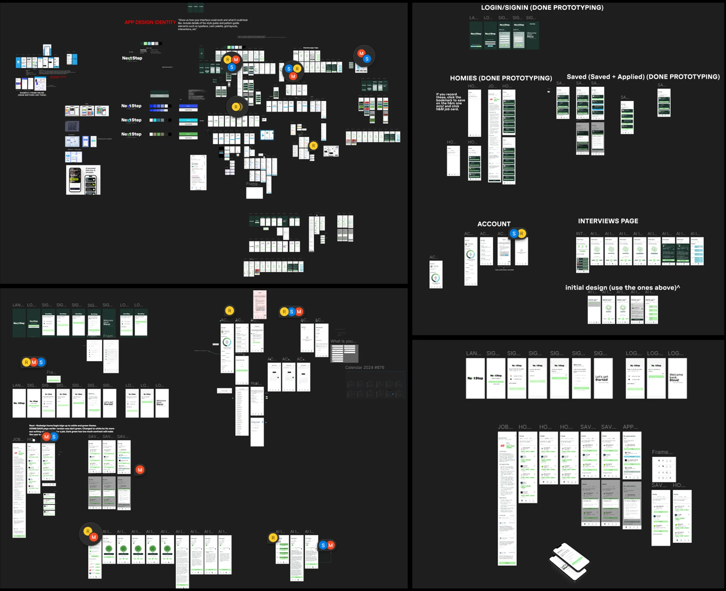 The Figma board: the app's design identity, early layouts, and the prototyped flows for login, home, saved jobs, account and interviews