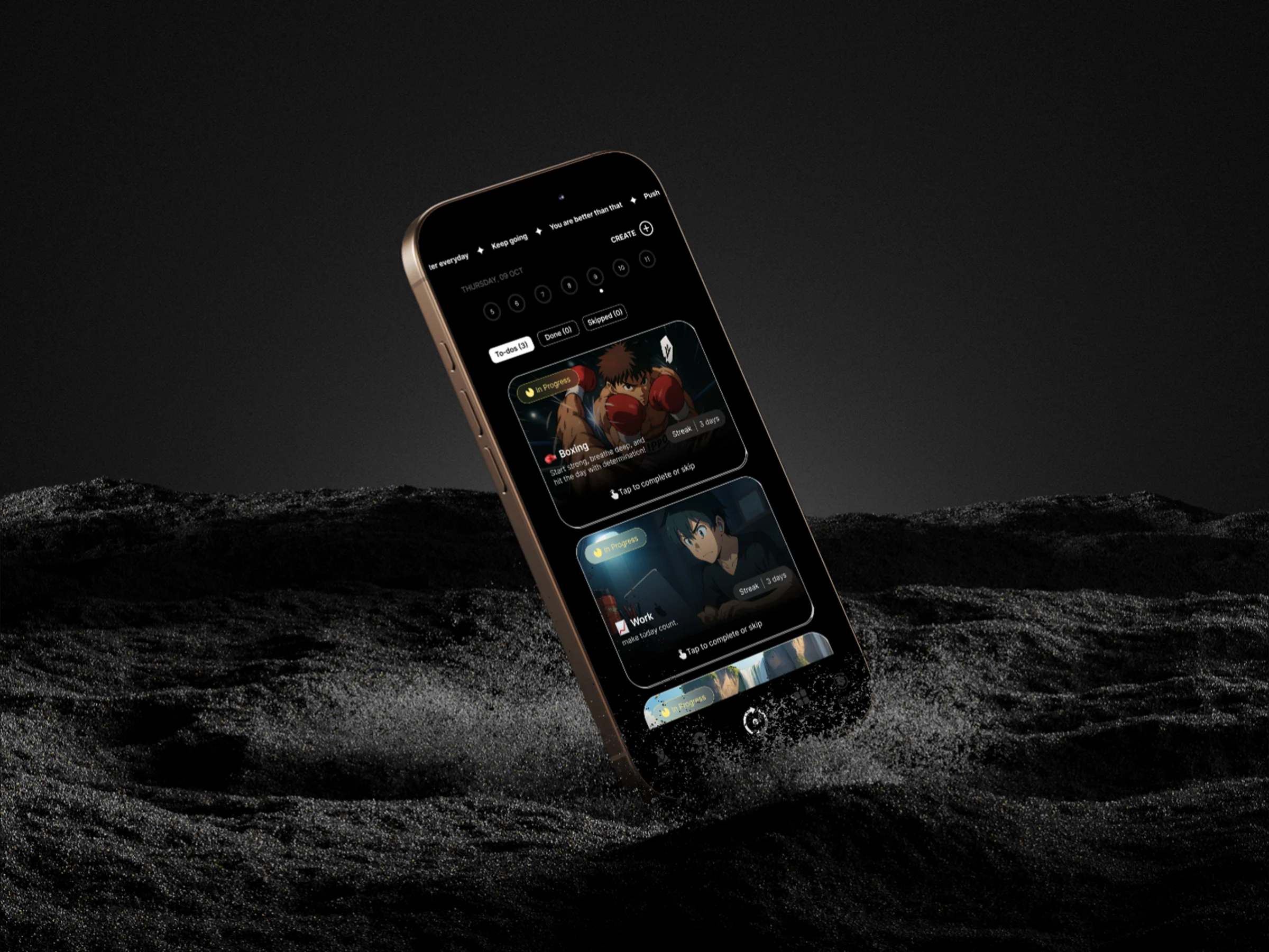 Consistency on a phone: the home screen with the day's habits as illustrated cards, Boxing and Work, each with a streak