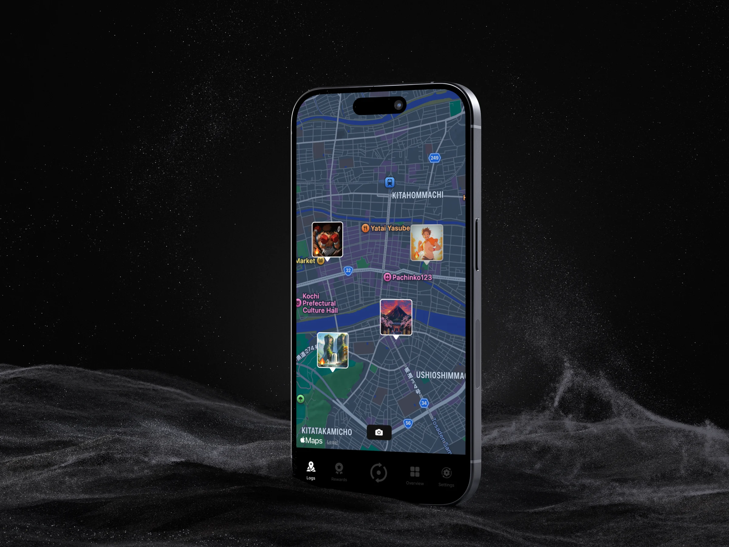 The Map Log screen on a phone: a dark city map with photos of habits pinned where they happened