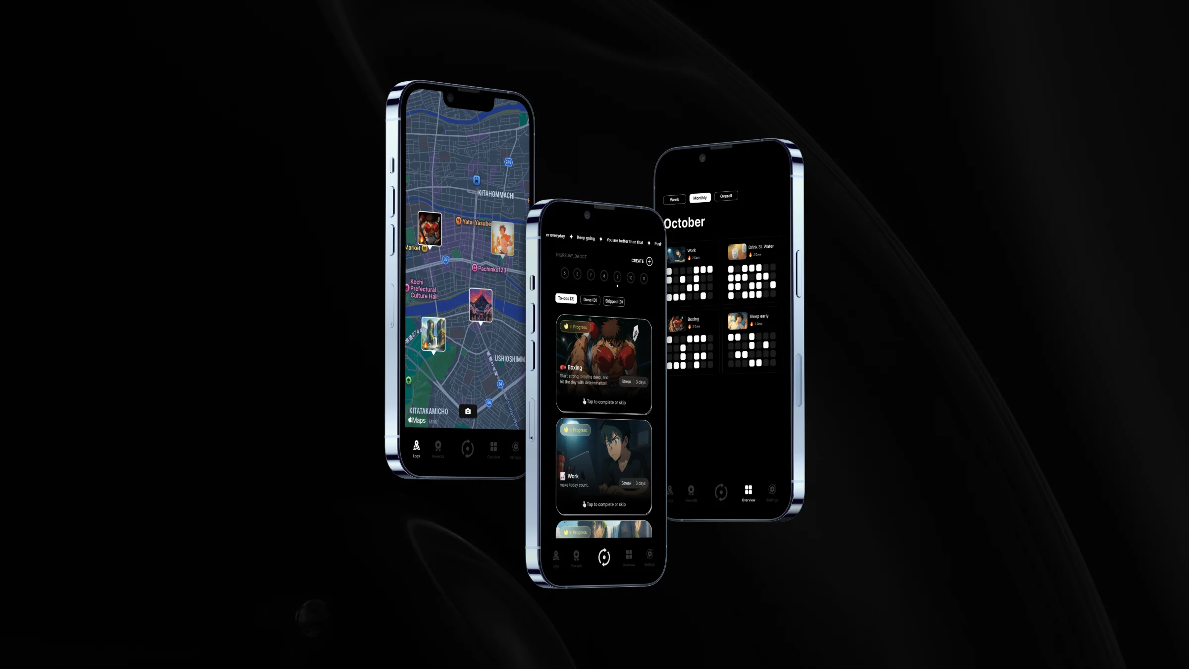 Three phones showing the map, the home screen and the yearly overview