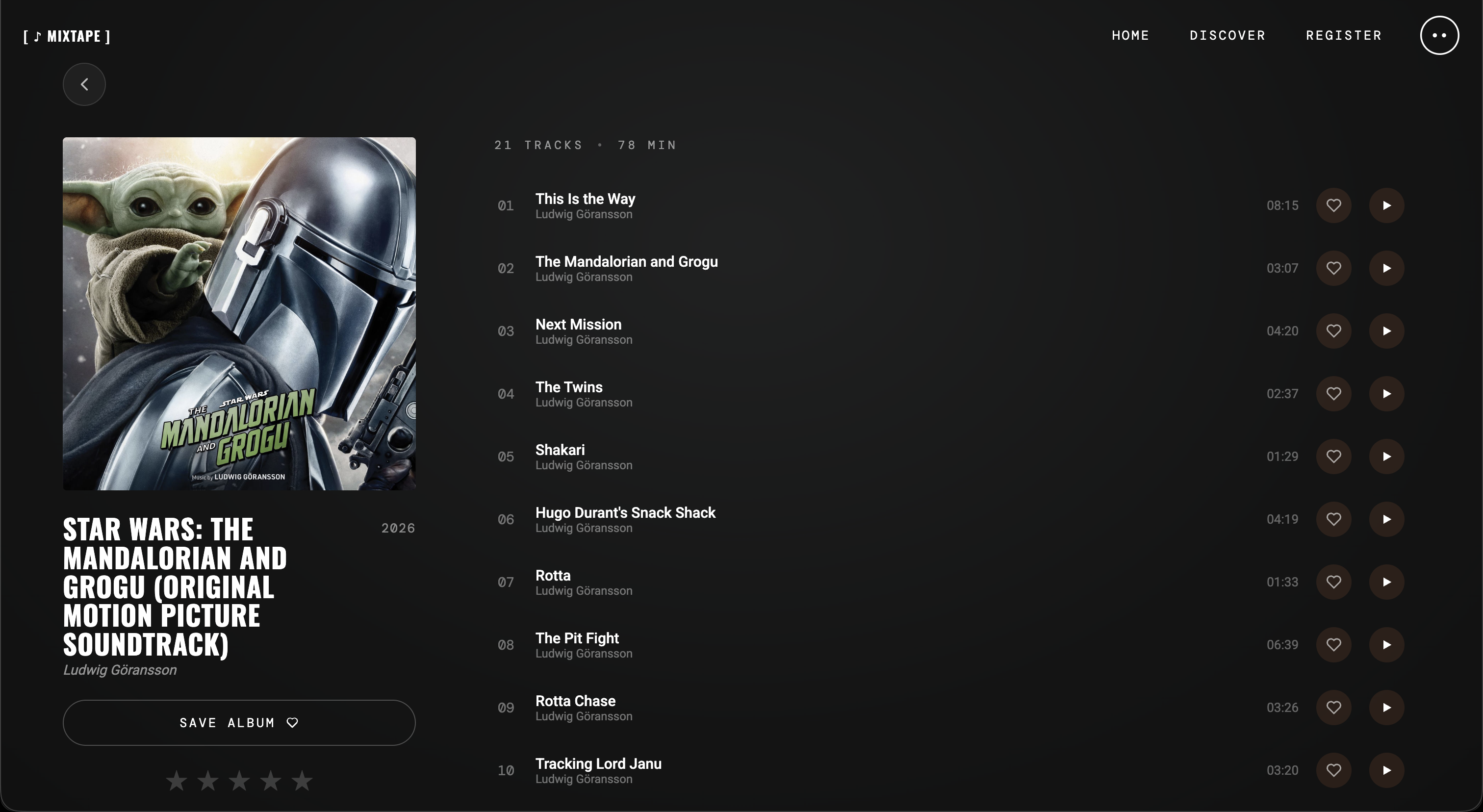 Mixtape album detail page with reviews and ratings