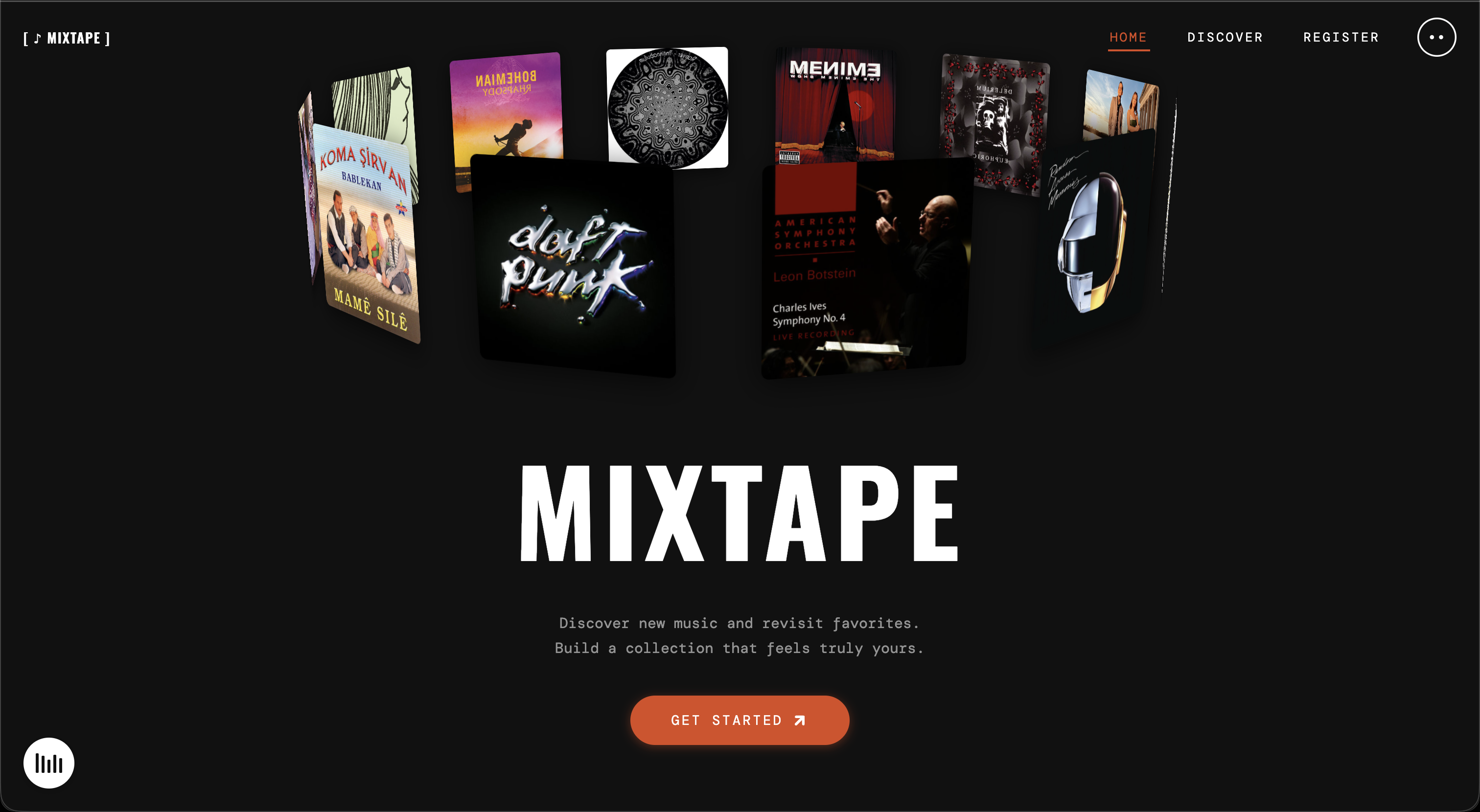 Mixtape home landing page with 3D album carousel