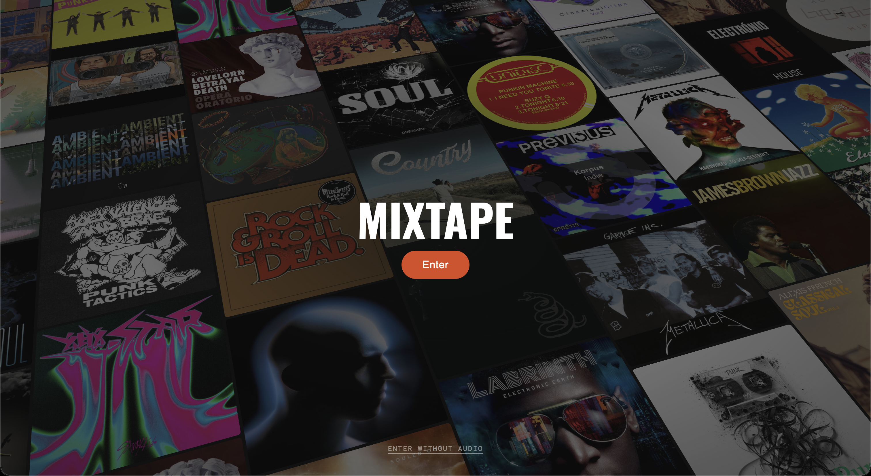 Mixtape intro screen showcasing the dark, music-first interface