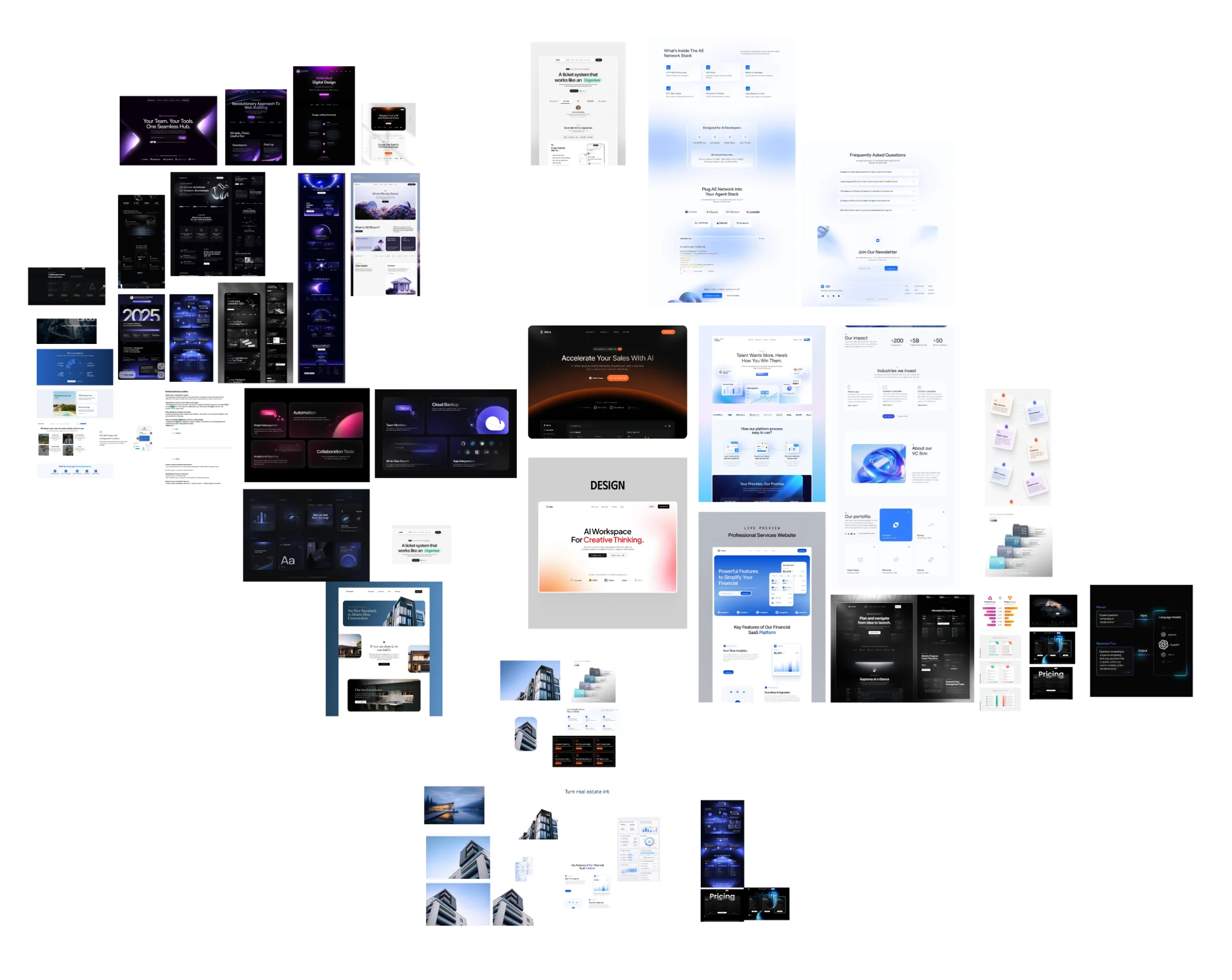 Moodboard of reference websites: dark and light product pages with bold imagery, generous spacing and large type
