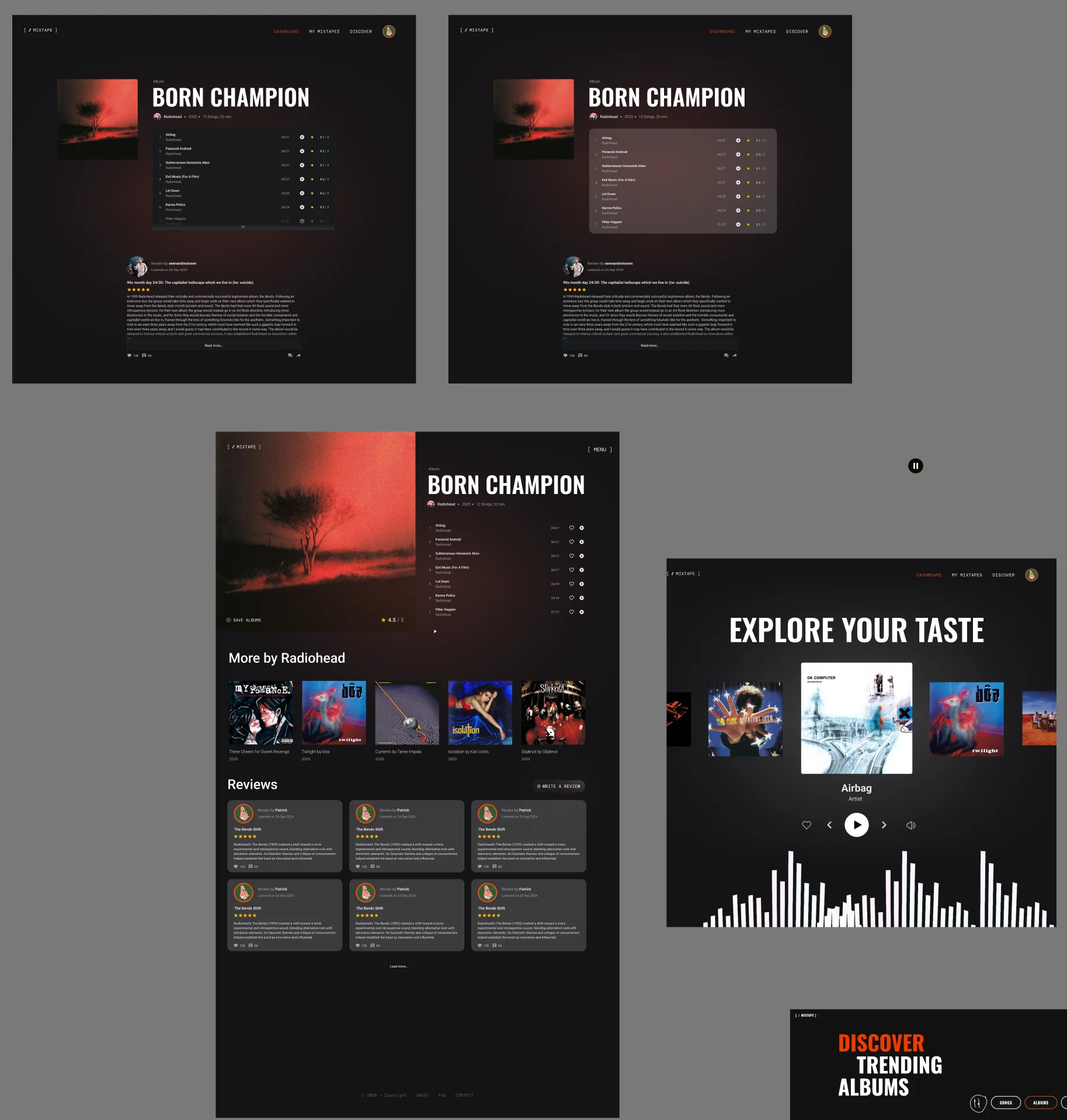 Versions of the Mixtape album page. Two early ones on top with a small cover next to the tracklist. The final one below with a large cover, more albums by the artist and reviews.