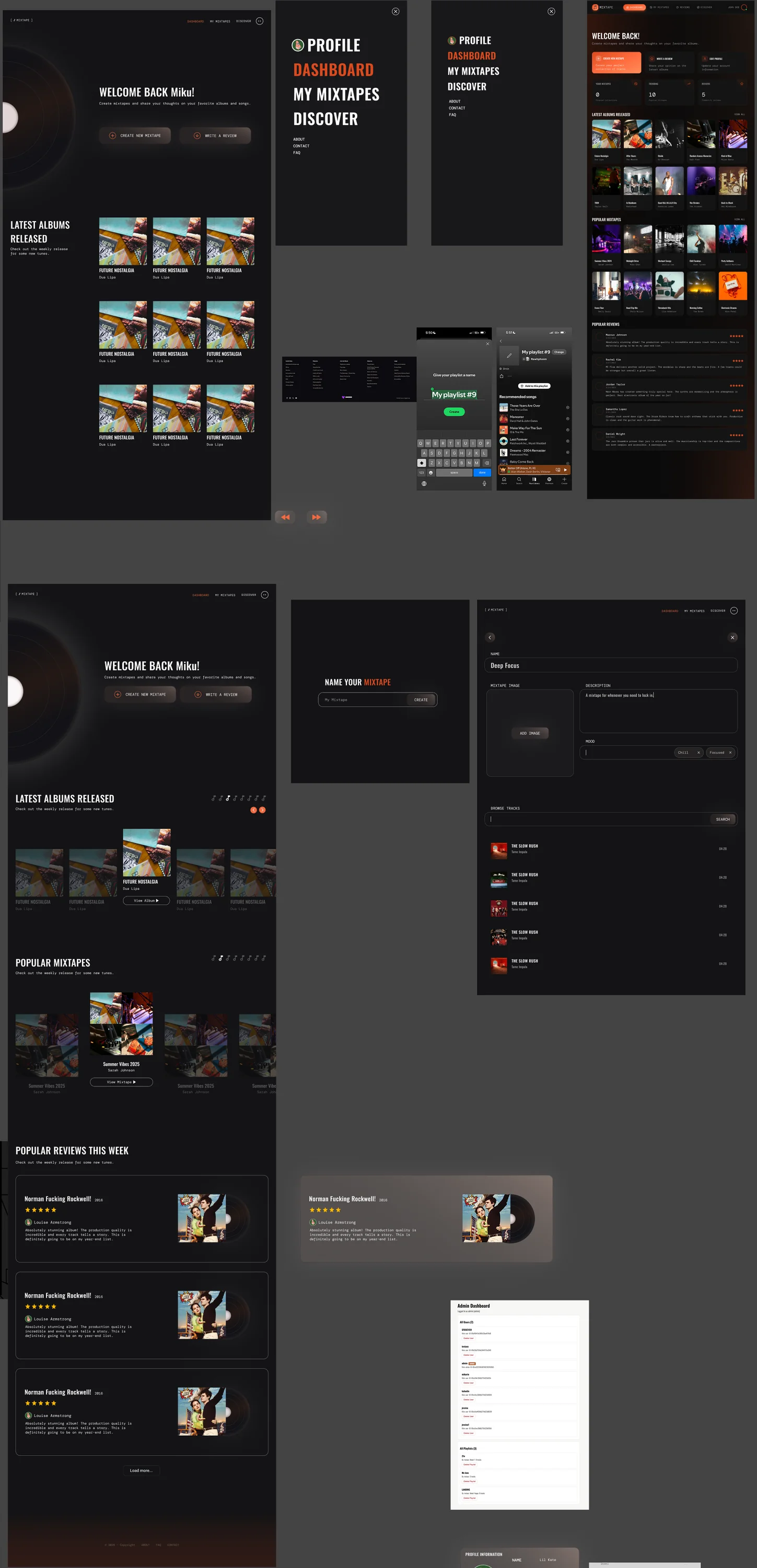A Figma board of dashboard versions with the menu, mobile screens and the screens for naming and building a mixtape.