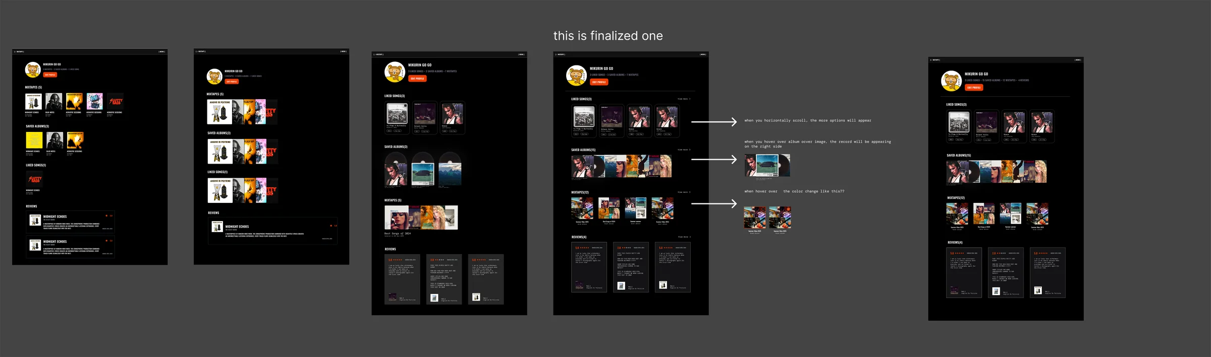 Five versions of the profile page side by side, with notes on what changed between them.