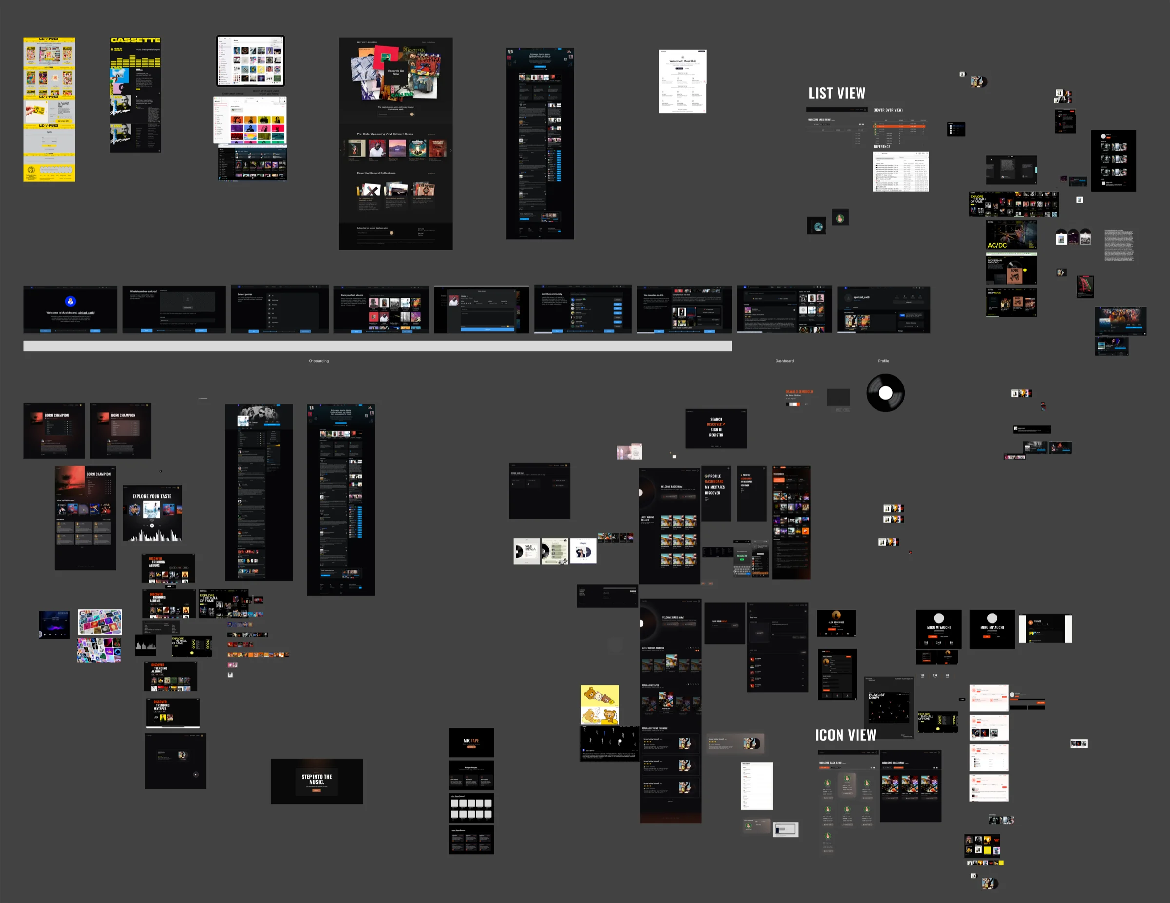 A Figma research board. Musicboard's onboarding screens in a row, other music sites around them, and early ideas for the Mixtape pages.
